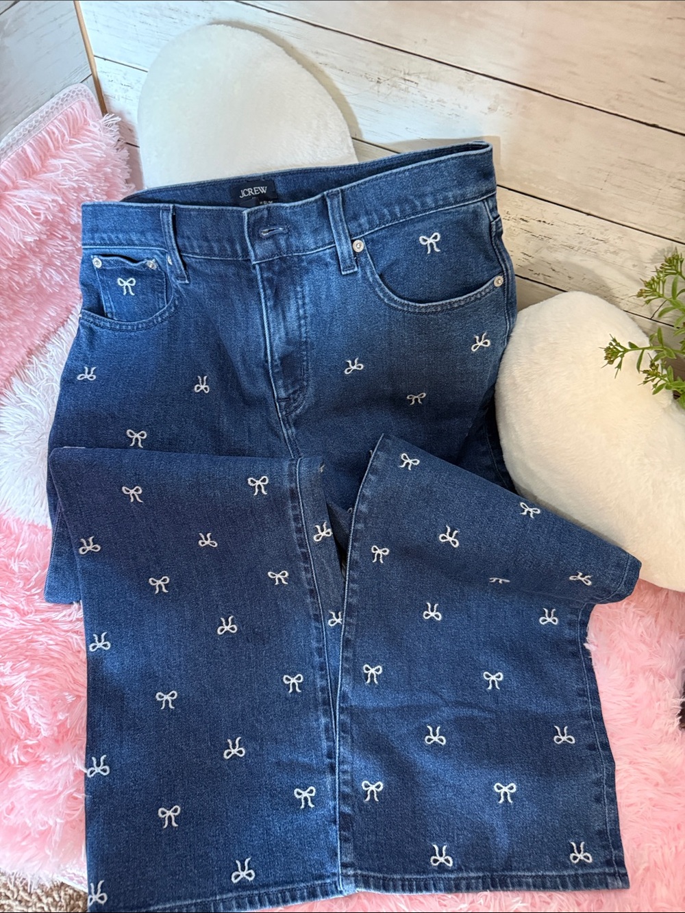 J. Crew Dark Blue Embroidered Bow Wide-Leg Jeans